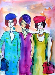 Drei stilvolle Frauen in bunten Kleidern und Hüten – Original Aquarell auf Papier, DinA4.