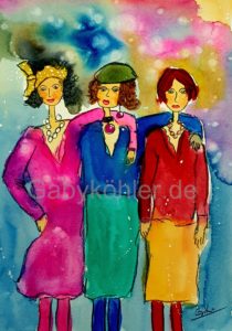 Drei Frauen, drei Stile – verbunden durch Freundschaft und Ausdruck. Ein Original-Aquarell auf Papier, das Individualität, Farbe und Zusammenhalt zeigt. Format: DIN A4 – signiertes Unikat von Gaby Köhler.