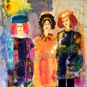 Drei Frauen mit Haltung in bunten Kleidern – modernes Acrylbild auf Leinwand mit Collage – Frauenporträts 100x100 cm